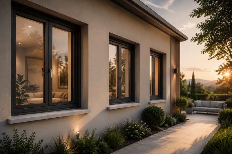 Facciata di casa con finestre scure, vialetto e giardino illuminati dal sole al tramonto.