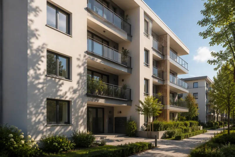 Edificio residenziale moderno con balconi in vetro, grandi finestre e vialetto circondato da verde.